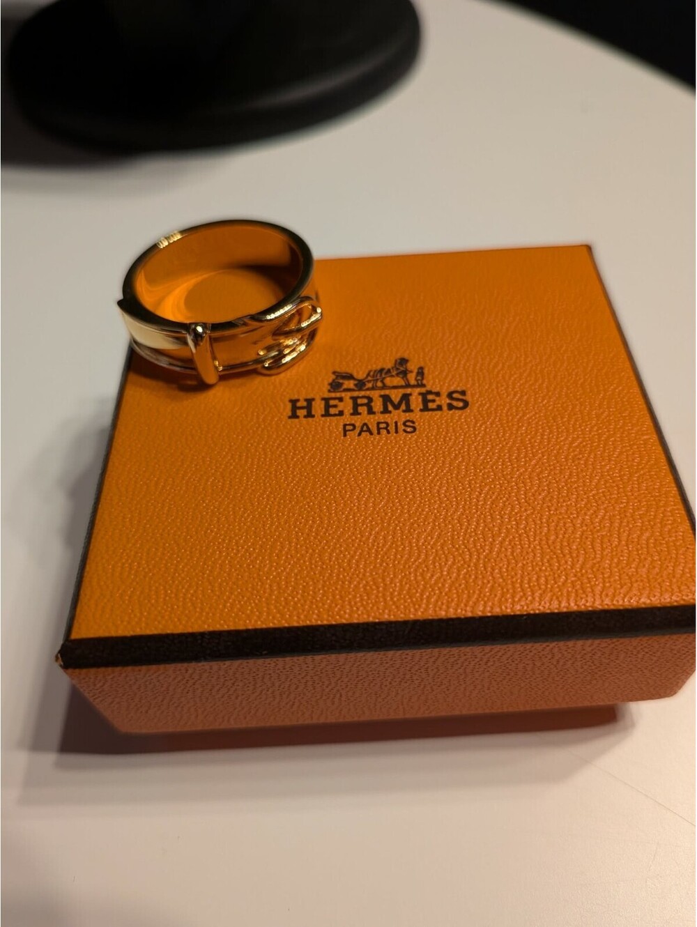 Nice with box!  HERMES Scarf Ring Belt Motif Design Gold Plating